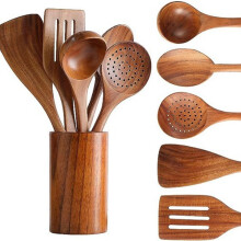 9 Piece Natural Teak Wooden Kitchen Utensil Set with Spoon Rest and Comfort Grip Cooking Tools for Everyday Meal Preparation