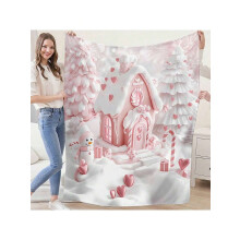 Cozy Pink Gingerbread House Throw Blanket - Reversible Flannel Fleece, Snowman & Tree, All-Season, Washable, Gift, Home Decor