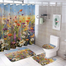 Wild Flowers 4-Pc Bathroom Rug Set w/ Shower Curtain, Non-Slip Mats, Toilet Lid Cover & Bath Mat – Waterproof Fabric