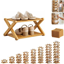 2-Tier No-Assembly Bamboo Shoe Rack, Folding & Space-Saving, Strong Load-Bearing, Compatible with Closets & Apartments (Natural)
