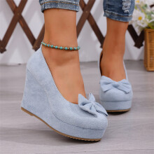 Willtoo Women's Bow Platform Wedge High Heels Ankle Strap Pumps Sky Blue
