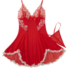 Lingerie feminina de renda, camisola curta sexy com laço e decote em V, em tule transparente, com fio dental.
