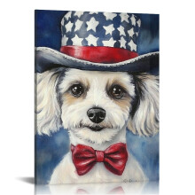 4th of July Patriotic Canvas Art: White Poodle & American Flag, 12x16in – Wall Art for Living Room, Bedroom, Office