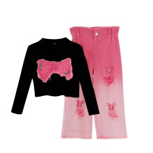 Girls' 2-Piece Outfit Set: Black Crop Top & Distressed
