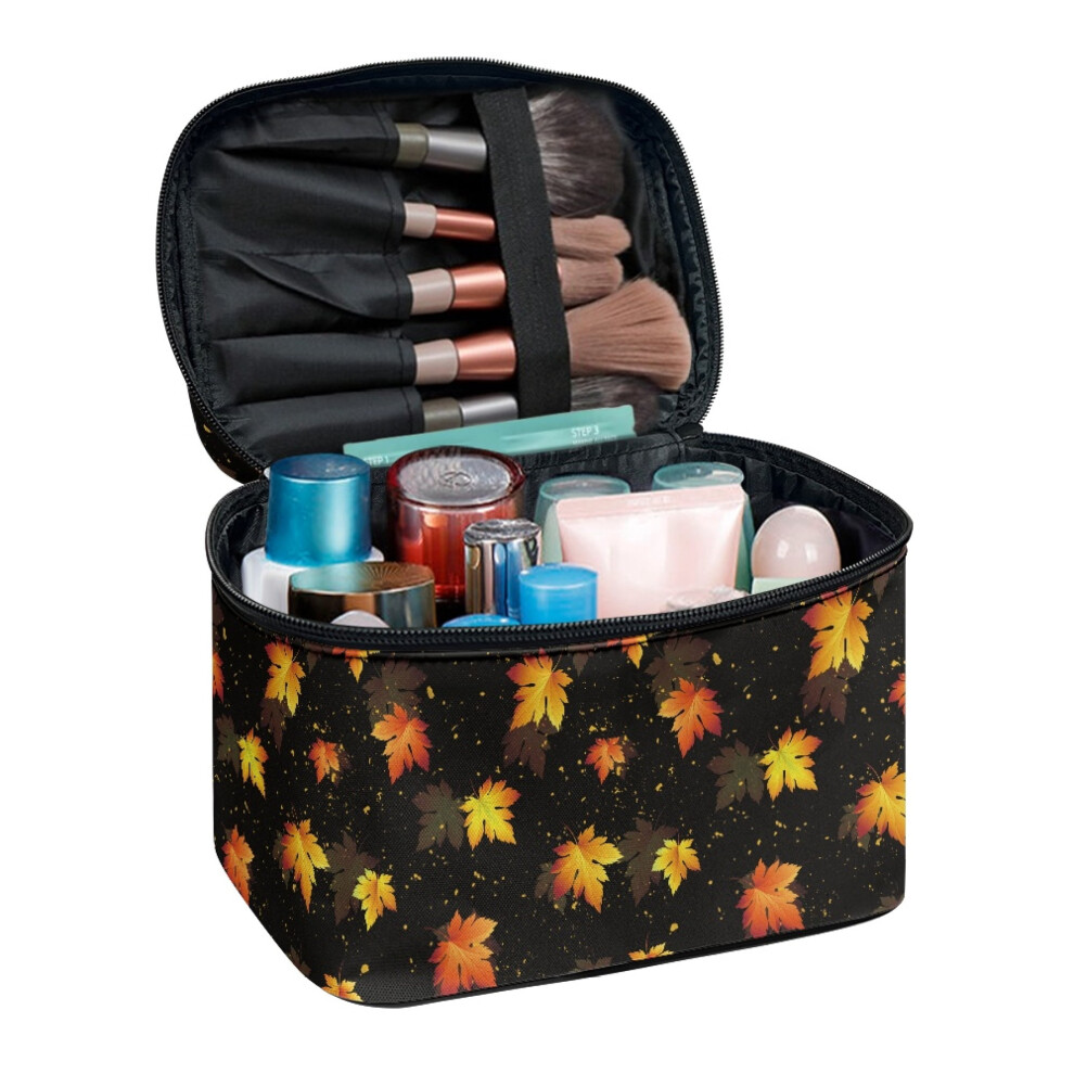 Autumn Maple Fall Polyester Double Layer Travel Makeup Bag Wide Open Portable Pouch Effortless Organization 8.86 x 6.5 x 5.9 Inches
