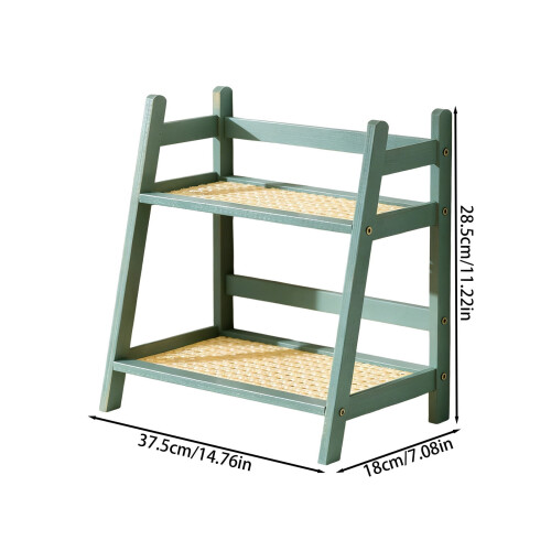 Wooden Rattan Double-Layer Desktop Storage Rack Green 2