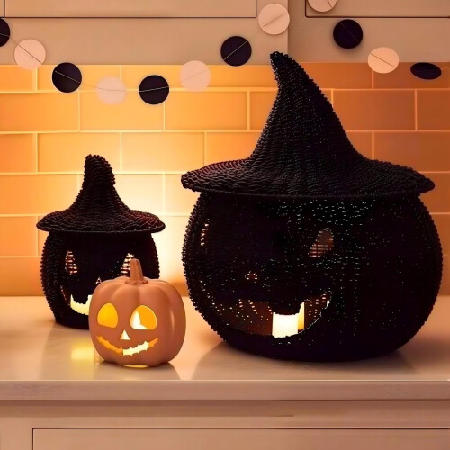 Black Woven Pumpkin Baskets with Witch Hat Lids 2PCS 1