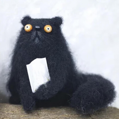 Wool Felt Cat and Opossum Figurines Handmade 2pcs 1