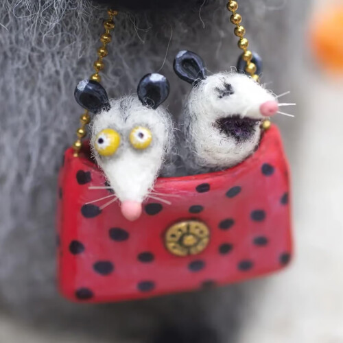 Wool Felt Cat and Opossum Figurines Handmade 2pcs 2