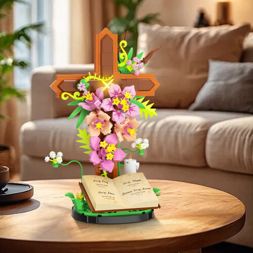Ensemble de construction Jésus MOC363PCS Croix chrétienne Fleur avec éléments floraux Modèle de bloc de construction 1