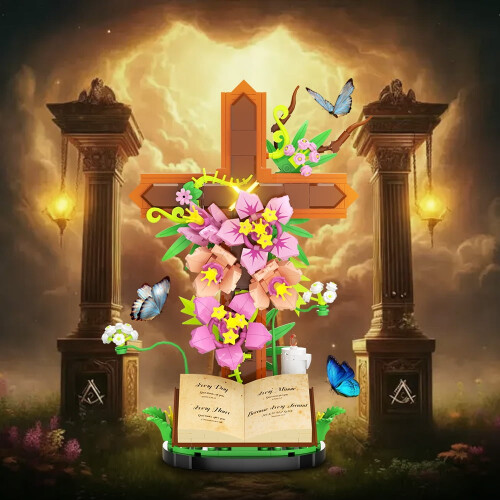 Ensemble de construction Jésus MOC363PCS Croix chrétienne Fleur avec éléments floraux Modèle de bloc de construction 2