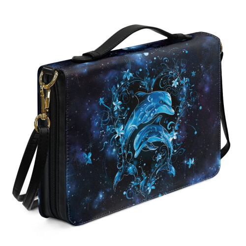 Θήκη Βίβλου Dolphin Hibiscus Heart Galaxy για γυναίκες – Δέρμα PU, Λουράκι ώμου, Φορητή & 1