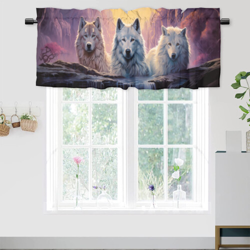 Κουρτίνα Wolf Valance 54x18 ίντσες, σχέδιο Forest Mountain Sunset, τσέπη για καλάμι, 2 πάνελ – 1