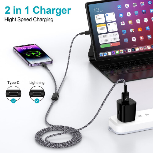 Kit com 2 cabos USB-C e carregador de parede 2 em 1, 1,2 m, carregamento rápido, compatível com iPhone e Android. 1