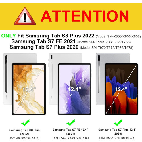 Capa com teclado e suporte inteligente e fino, compatível com Samsung Galaxy Tab S8 Plus / S7 FE / S7 Plus de 12,4 polegadas, removível, com 1