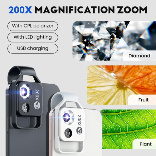 Microscope de poche HD à zoom 200x avec lumière LED, objectif pour smartphone (noir) 1