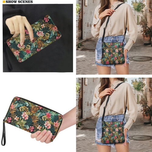 Σετ τσάντας Hobo Crossbody από δέρμα με στάμπα Hibiscus Palm Leaf και πορτοφόλι για γυναίκες, 2
