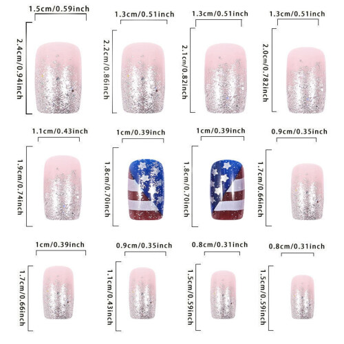 4η Ιουλίου Press-On Nails – 24 τεμάχια Bling Almond False Nails, Κόκκινη/Ασημένια Ρίγα, Αστέρια, 2