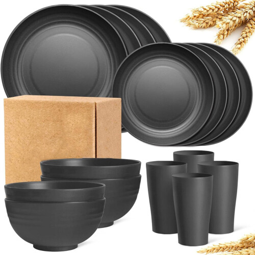 16-Piece Plastic Tableware Set - Drop-Resistant Dishwasher Safe Bowl/Plate/Cup for Household/Picnic, Solid Color Dinnerware (Black) 1