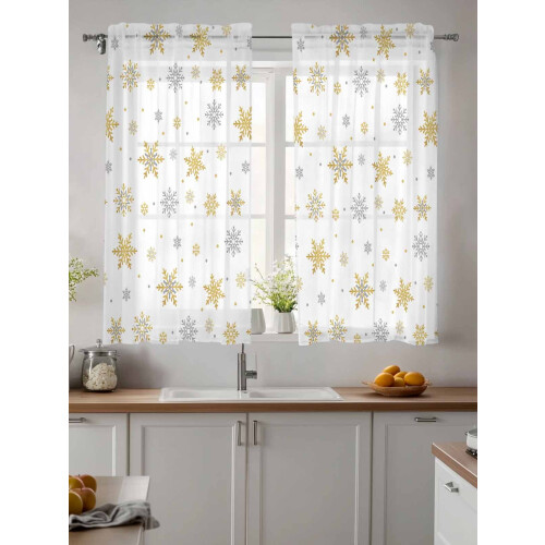 Christmas Snowflake Sheer Curtains Yellow White 2 Panels 1