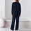 Women's Fall Solid Textured Drawstring 2-Piece Tracksuit Set Navy Blue S 3