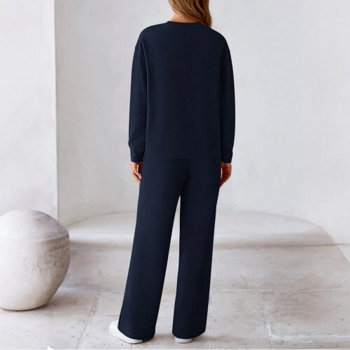 Women's Fall Solid Textured Drawstring 2-Piece Tracksuit Set Navy Blue S 2