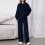 Women's Fall Solid Textured Drawstring 2-Piece Tracksuit Set Navy Blue S 4