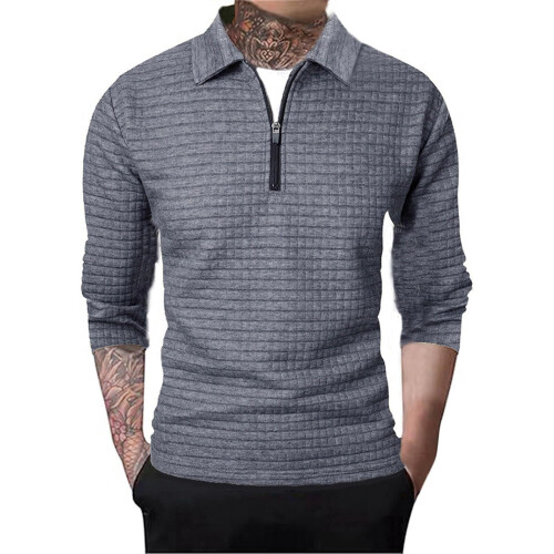 Men's Long Sleeve Quarter-Zip Polo Shirt Solid Ribbed Edge 1