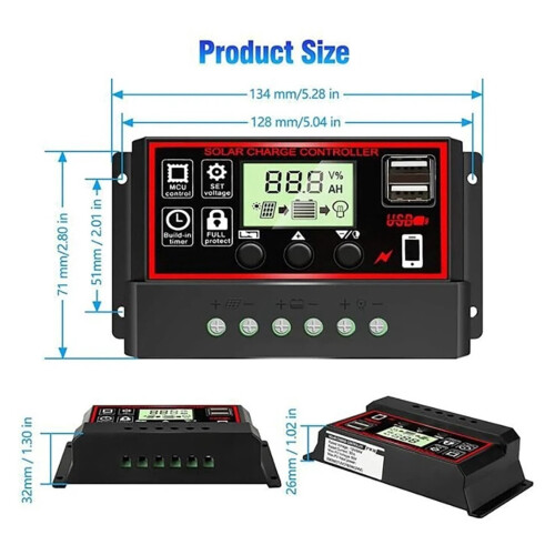 100A/60A Solar Charge Controller with LCD, Dual USB, Auto Regulator, Timer, 12V/24V, Compatible with PWM/MPPT Systems 1