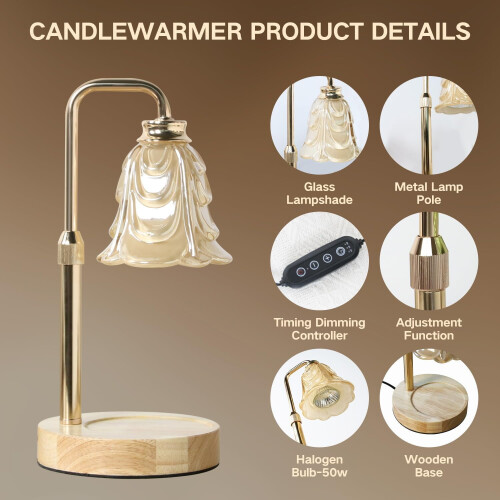 Electric Candle Warmer Lamp with Timer, Adjustable Height & Dimmable, Compatible with Jar Candles, Includes 2 Bulbs 2