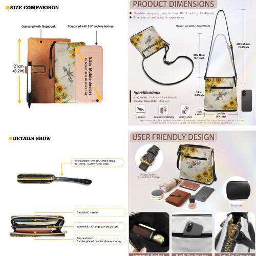 Σετ γυναικείων τσαντών Hobo Crossbody με σχέδιο λιβελούλας και ηλιοτρόπιο – Δερμάτινη 1
