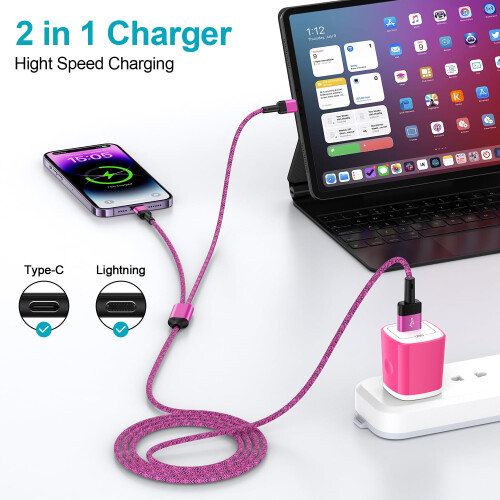 Kit com 3 cabos USB-C 2 em 1 (1,2 m) + adaptador de tomada USB — Compatível com iPhone e Android, carregamento rápido. 1