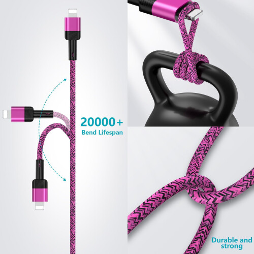 Kit com 3 cabos USB-C 2 em 1 (1,2 m) + adaptador de tomada USB — Compatível com iPhone e Android, carregamento rápido. 2