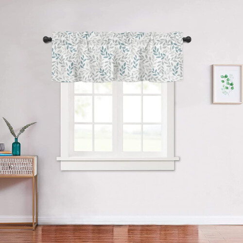 Κουρτίνες κουζίνας Farmhouse Teal Grey Leaf, 54x18", με θήκη για ράβδους, για διακόσμηση 2