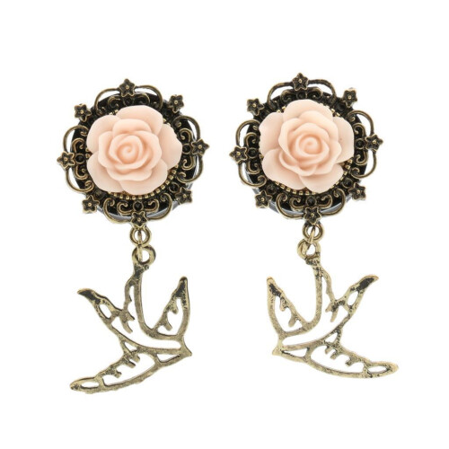 Ζεύγος Vintage Sparrow Dangle Ear Tunnels Expander Gauges Piercing Pink 22mm 1