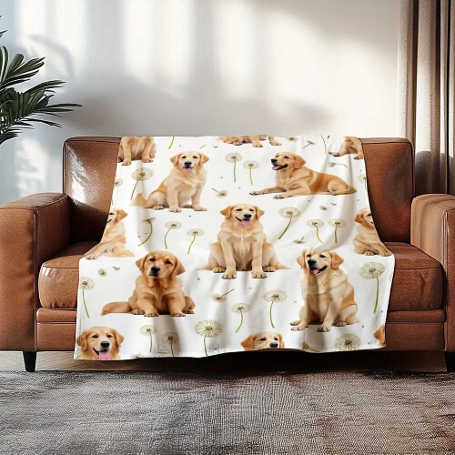 Κουβέρτα Golden Retriever – Βελούδινη φανελένια κουβέρτα με σχέδιο κουταβιού και 2