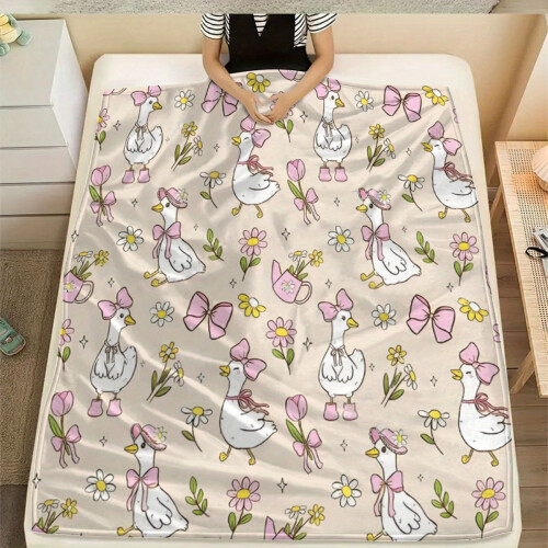 Flannel Blanket White Goose Floral Print Lightweight 1