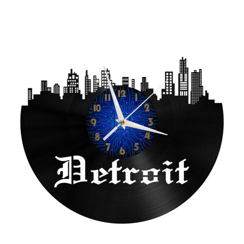 Ρολόι τοίχου βινυλίου Detroit Cityscape 12" – Αθόρυβο, LED, Δημιουργική διακόσμηση για 1