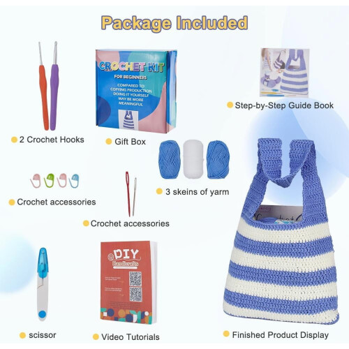 Blue and White Striped Crochet Tote Kit 1