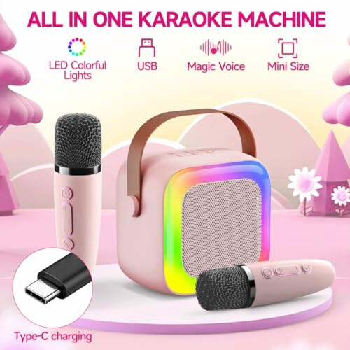 Mini Karaoke Machine with 2 Wireless Mics and LED Lights 2