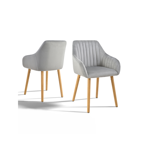 (Light Grey, Set of 2) GOEURVANT Velvet Dining Chairs with Armrests, Nordic Fabric Accent Chair with Solid Wood Legs