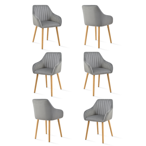 (Light Grey, Set of 6) Velvet Dining Chairs with Armrests, Nordic Fabric Accent Chair with Solid Wood Legs - GOEURVANT