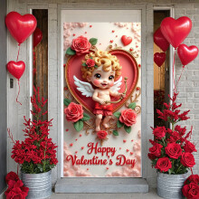 Bannière de Saint-Valentin avec motif de chiot en forme de cœur, ballons rouges en forme de chiot, décor pour une fête de la Saint-Valentin