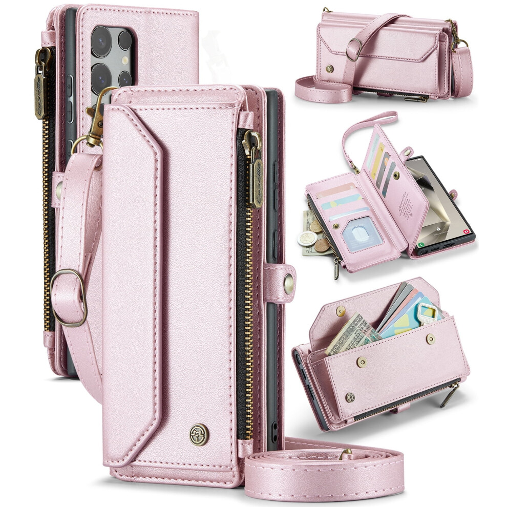 Caseme Wallet Case For Samsung Galaxy S24 Ultraâ10 Card Slots, Zipper Pocket, Pu Leather, Magnetic Flip, Wristlet/Shoulder Strap, Pink 9181073546426