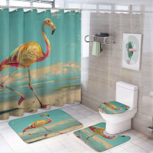 Pink & Yellow Flamingo Shower Curtain 4-Piece Set with 12 Hooks, 72"x72", Includes Rugs – Compatible with Standard Bathtubs