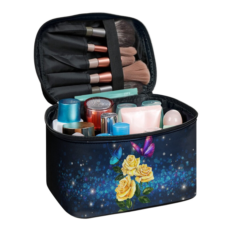 Travel Portable Makeup Brush Holder Bag (8.86"x6.5"x5.9"), for Men Women, Butterfly Rose Pattern
