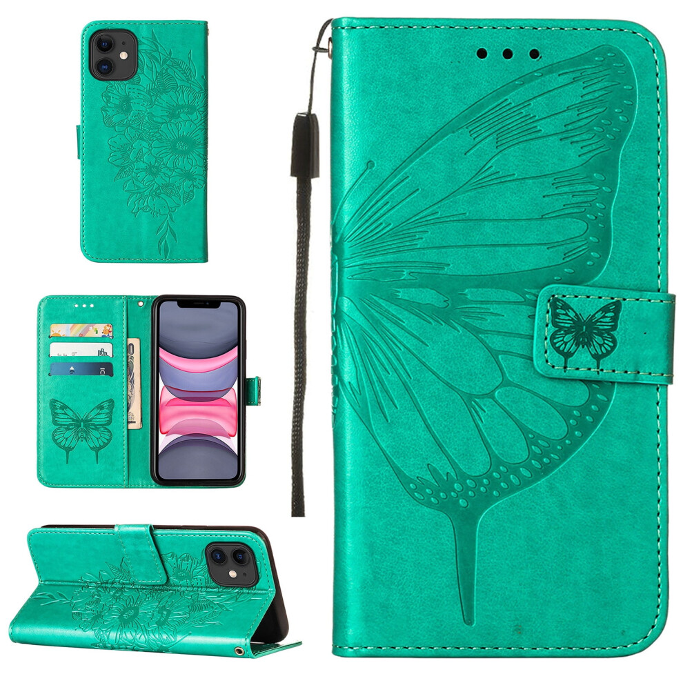 Butterfly Wallet Case For Iphone 12 Â Magnetic Hand Strap, Card Slots, Synthetic Leather Kickstand, Green 9181073547348