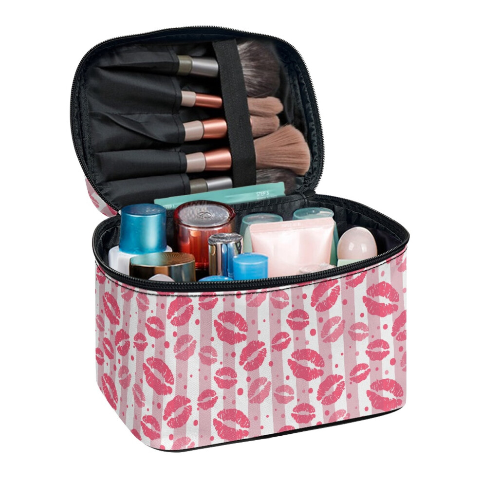 Kiss Print Stripe Travel Cosmetic Makeup Bag 8.86 x 6.5 x 5.9 Inches Portable Cosmetic Makeup Bag with Large Capacity Handle