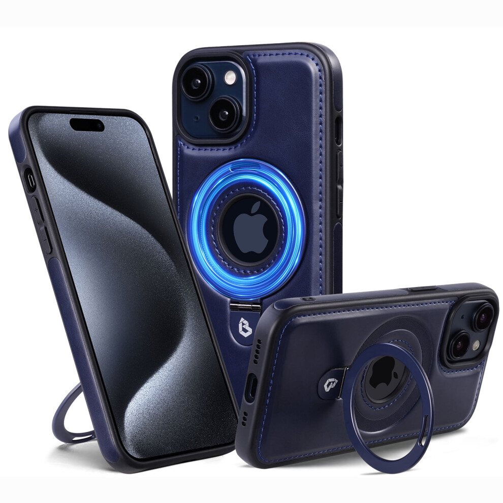 Magnetic Magsafe-Compatible Iphone 14 Case With Ring Holder, Pu Leather Slim Shockproof Cover, Wireless Charging & Kickstand Â Dark Blue 9101399422051