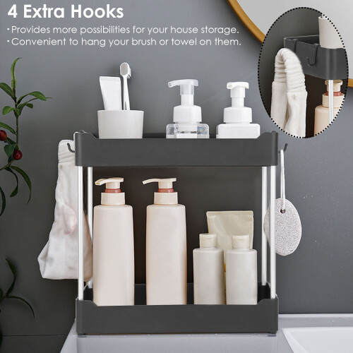 Bathroom Kitchen Storage, Under Sink Shelf Organizer with 4 Hooks, 2-Tier